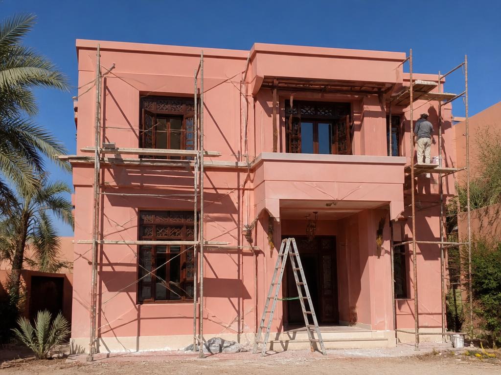 Façade de villa repeinte à Marrakech avec échafaudage